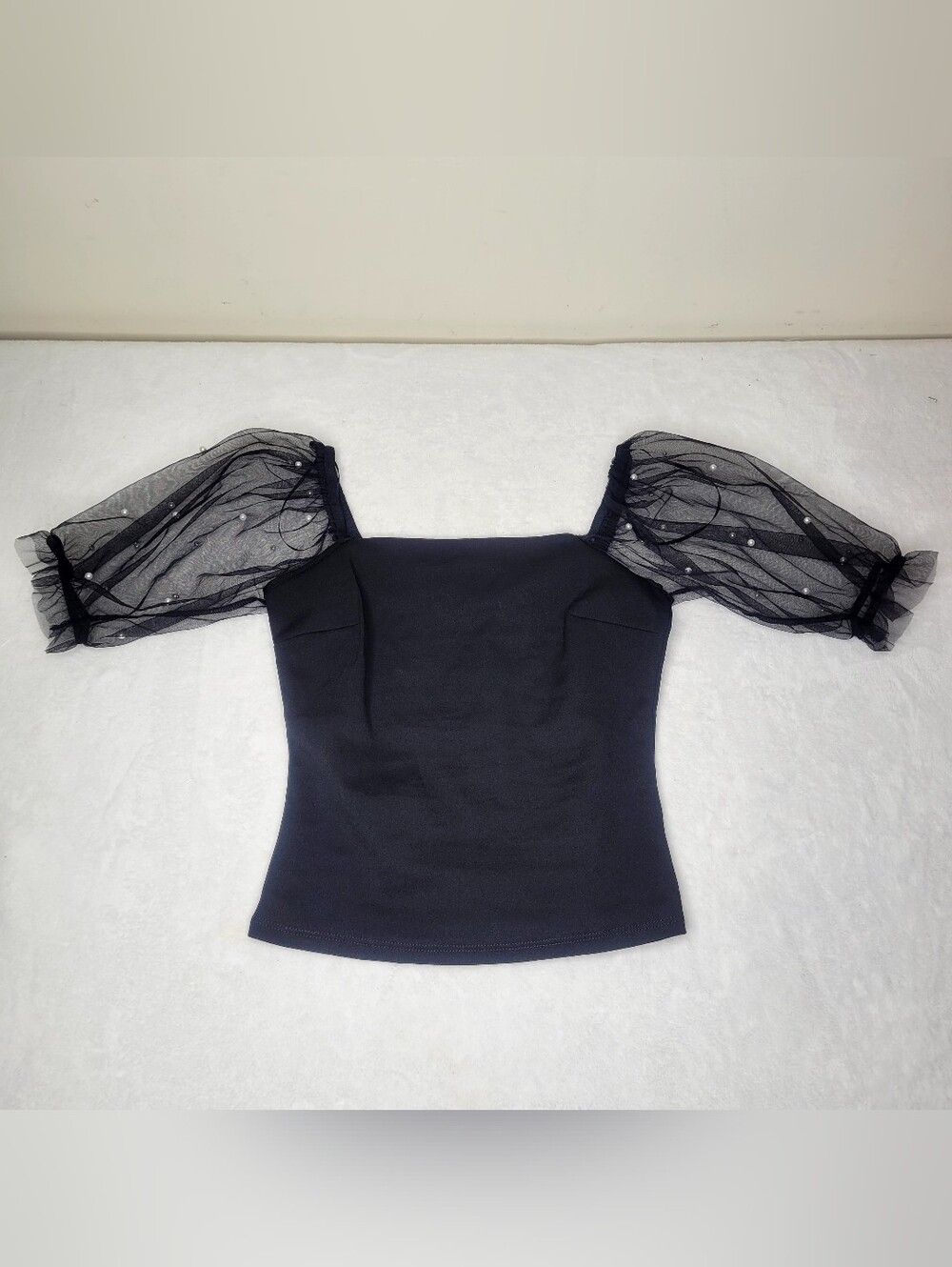 Black Caviar XS Sheer Puff Sleeve Pearls Top Preppy Classy Church Whimsigoth AHS